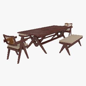 Cassina Jeanneret Capitol Complex Table with Office Chair and Mahogany Civil Bench with Cushions Set 3D model